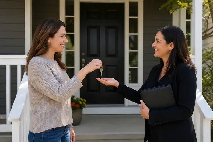 Homeowner handing over house keys on the porch