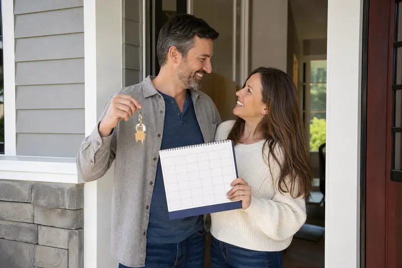 Couple choosing their closing date at the front door